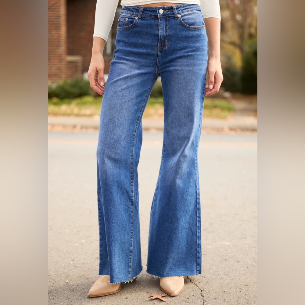 Pink Lily Women’s Flare Leg Blue Jeans Size‎ 26 Medium Wash Denim Retro 70s Boho